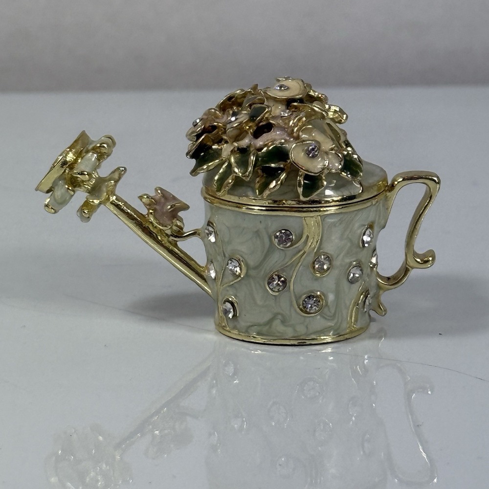 White Floral Watering Can Trinket Box Jeweled Enamel Miniature